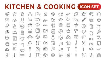 reeks van schets pictogrammen verwant naar Koken, en keuken. lineair icoon verzameling. keuken en Koken dun lijn web icoon set. schets pictogrammen verzameling. keuken gereedschap - pan, oven, kookboek, pan. vector