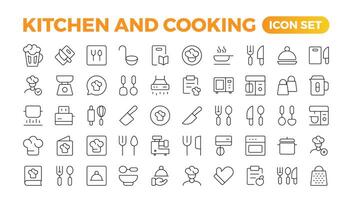 reeks van schets pictogrammen verwant naar Koken, en keuken. lineair icoon verzameling. keuken en Koken dun lijn web icoon set. schets pictogrammen verzameling. keuken gereedschap - pan, oven, kookboek, pan. vector