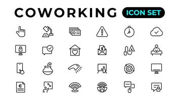 coworking onderhoud vector pictogrammen reeks verzameling. coworking ruimte kantoor dun lijn pictogrammen set.omtrek icoon.