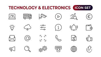 technologie en elektronica en apparaten web pictogrammen in lijn stijl. apparaat, telefoon, laptop, communicatie, smartphone, e-commerce. vector illustratie.