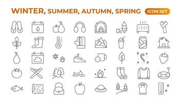 lente, zomer, herfst, en winter icoon set. weer pictogrammen. weer voorspelling icoon set. wolken logo. het weer, wolken, zonnig dag, maan, sneeuwvlokken, wind, zon dag. schets icoon verzameling. vector