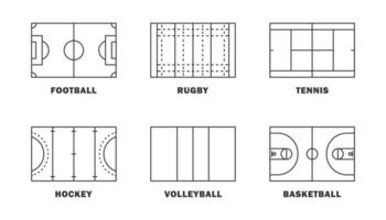 Amerikaans voetbal, tennis, hockey, basketbal, volleybal en rugby veld- sjabloon set. vector illustratie.