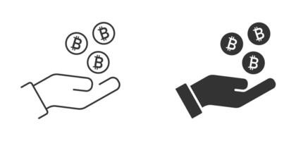 hand- en bitcoins. hand- met geld pictogrammen. bitcoin icoon teken betaling symbool. cryptogeld logo. vector illustratie.