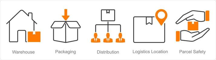 een reeks van 5 logistiek pictogrammen net zo magazijn, verpakking, distributie vector