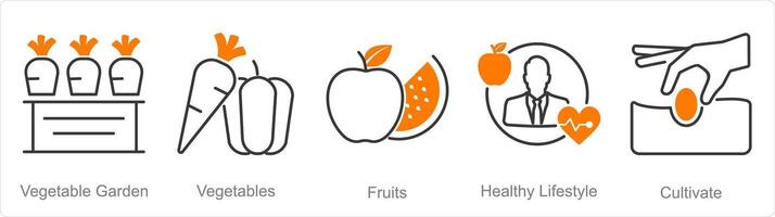 een reeks van 5 biologisch landbouw pictogrammen net zo groente tuin, groenten, fruit vector