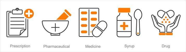 een reeks van 5 apotheek pictogrammen net zo recept, farmaceutisch, geneeskunde vector