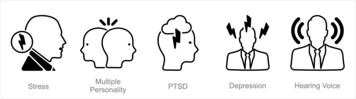 een reeks van 5 mentale gezondheid pictogrammen net zo spanning, meerdere persoonlijkheid, ptsd vector