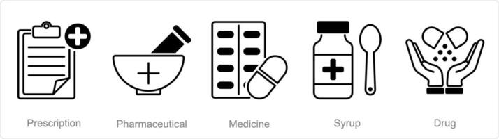 een reeks van 5 apotheek pictogrammen net zo recept, farmaceutisch, geneeskunde vector