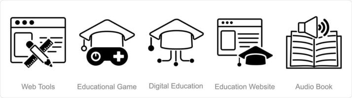 een reeks van 5 online onderwijs pictogrammen net zo web hulpmiddelen, leerzaam spel, digitaal onderwijs vector