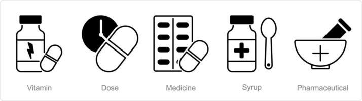 een reeks van 5 apotheek pictogrammen net zo vitamine, dosis, geneeskunde vector