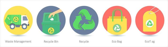 een reeks van 5 ecologie pictogrammen net zo verspilling beheer, recycle bak, recycle vector