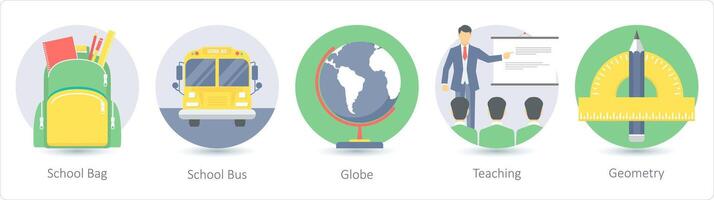 een reeks van 5 onderwijs pictogrammen net zo school- tas, school- bus, wereldbol vector