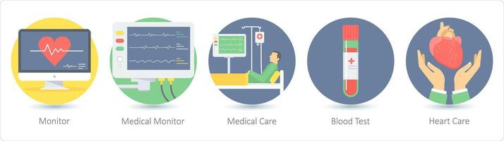 een reeks van 5 medisch pictogrammen net zo monitor, medisch monitor, medisch zorg vector