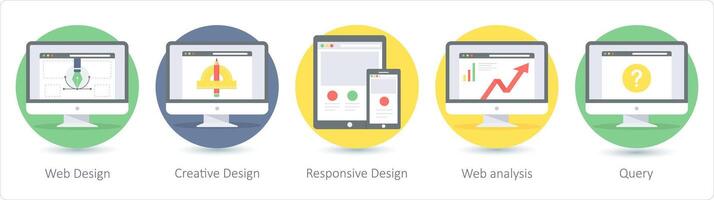 een reeks van 5 seo pictogrammen net zo web ontwerp, creatief ontwerp, snel reagerend ontwerp vector