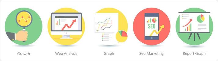 een reeks van 5 seo pictogrammen net zo groei, web analyse, grafiek, verslag doen van diagram vector