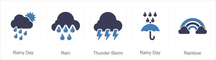 een reeks van 5 mengen pictogrammen net zo regenachtig dag, regenen, donder storm vector