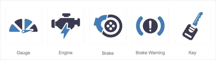 een reeks van 5 auto pictogrammen net zo graadmeter, motor, rem vector