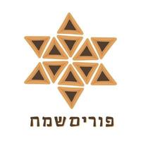 purim vakantie platte ontwerp iconen van hamantashs in ster van david vorm met tekst in hebreeuws vector