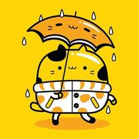 schattige kat mascotte karakter dragen van een paraplu in platte cartoon stijl vector