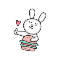 mooie bunny cartoon met hamburger. perfect voor kinderdagverblijf, wenskaart, baby shower meisje, stof design. vector