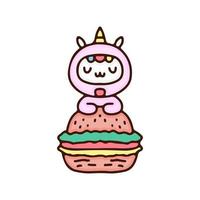 kawaii eenhoorn cartoon met hamburger. perfect voor kinderdagverblijf, wenskaart, baby shower meisje, stof design. vector