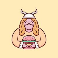 leuke vikingvrouw met hamburgerbeeldverhaal, illustratie voor stickers en t-shirt. vector