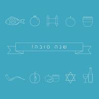 Rosj Hasjana vakantie plat ontwerp witte dunne lijn pictogrammen instellen met tekst in het Hebreeuws vector