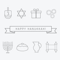 hanukkah vakantie platte ontwerp zwarte dunne lijn pictogrammen instellen met tekst in het Engels gelukkig hanukkah vector