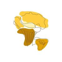 contour twee cantharelpaddestoelen worden getekend door één lijn op een achtergrond van oranje abstracte vlekken op een witte achtergrond vector