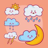 vijf kawaii wolken karakters vector