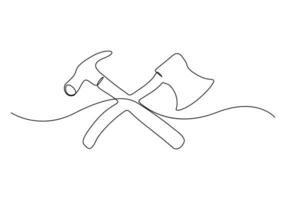 doorlopend single lijn tekening van houthakker bijl met hamer gekruiste vector illustratie