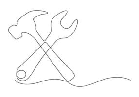 doorlopend single lijn tekening van hamer en moersleutel. auto onderhoud concept. vector illustratie