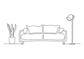 doorlopend een lijn tekening van bankstel of sofa met lamp en ingemaakt fabriek. modern meubilair gemakkelijk lineair stijl vector illustratie