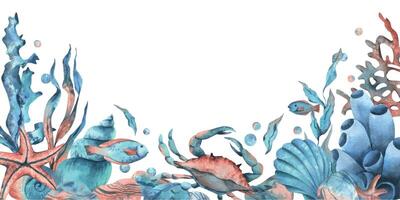 onderwater- wereld clip art met zee dieren walvis, schildpad, Octopus, zeepaardje, zeester, schelpen, koraal en algen. hand- getrokken waterverf illustratie. grens, sjabloon, kader geïsoleerd van de achtergrond vector