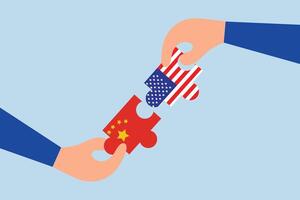 Verenigde staten en China handel oorlog onderhandeling, zakenman, manager Holding een porselein puzzel en een Amerikaans vlag naar zetten het samen. vector