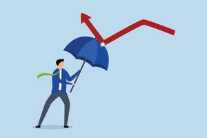 economisch herstel, zakenman met een sterk paraplu naar terugkeer een rood pijl. vector
