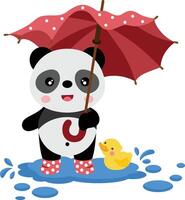 schattig panda met laarzen en geel eend Holding een paraplu vector