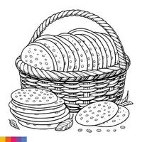 bakkerij mand. bakkerij voedsel hand- getrokken lijn kunst illustratie voor de kleur boek. voedsel lijn kunst voor een kleur bladzijde. wijnoogst schetsen vector grafiek.