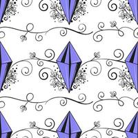 naadloos decoratief patroon met paarse magische kristallen en zwarte monogrammen. platte vector achtergrond
