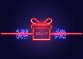 een neon geschenk doos met uitverkoop 50 procent uit aanbieden banier vector