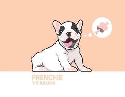 een schattig Frans bulldog is aan het wachten voor voedsel, en de favoriete een alleen maar shows in een denken bubbel vector