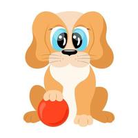 schattige cartoon hond geïsoleerd. grappige zittende pup met bal. vector illustratie