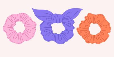 hand- getrokken haar- scrunchies. meisjes elastisch scrunchies, haar- medeplichtig geïsoleerd tekenfilm vector illustratie pictogrammen reeks