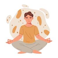 mannetje karakter mediteren. vent mediteren in yoga lotus houding, kalm, kalmte en meditatie vlak vector illustratie. ontspannen Mens mediteren