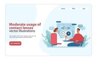 contact lens gebruik onderwijs illustratie. een optometrist onderwijst een geduldig Aan de matig gebruiken. vector