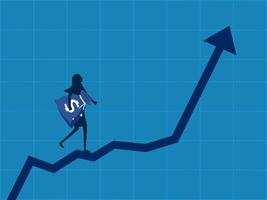 winst plan. zakenvrouw Holding een zak van geld wandelen Aan een groeit diagram vector