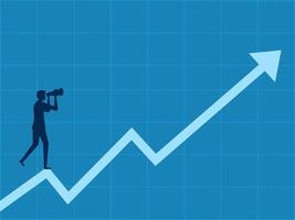 zakenman toepassingen een telescoop naar kijken Bij een voorraad diagram met een groei pijl vector