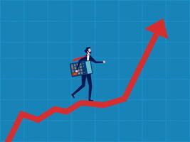 investering plan. zakenman Holding een rekenmachine wandelingen omhoog Aan een groeit diagram vector