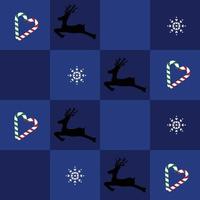 naadloos patroon. vrolijk kerstfeest en een gelukkig nieuwjaar. op dambord blauwe achtergrond. rendiersilhouet, zuurstok en sneeuwvlokken waren versierd op een vierkant raster. illustratie kunst ontwerp. vector