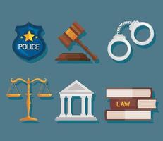 zes iconen van wet en gerechtigheid vector